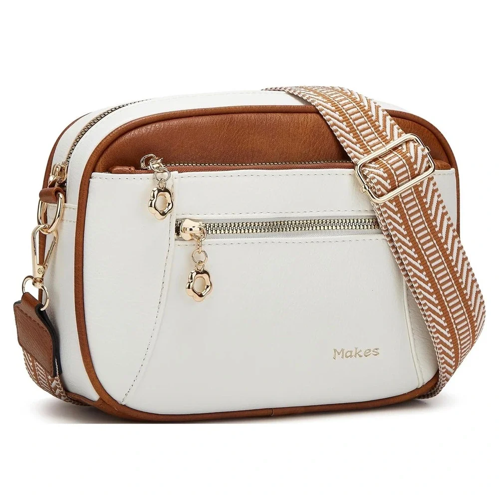 Makes Crossbody Bag Women Small White Two-Tone Woven Guitar Strap New